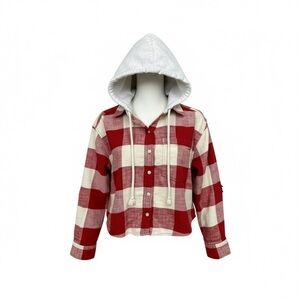 American Eagle Womens Buttons Up Long Sleeves Hooded Shirt Jacket Red size S